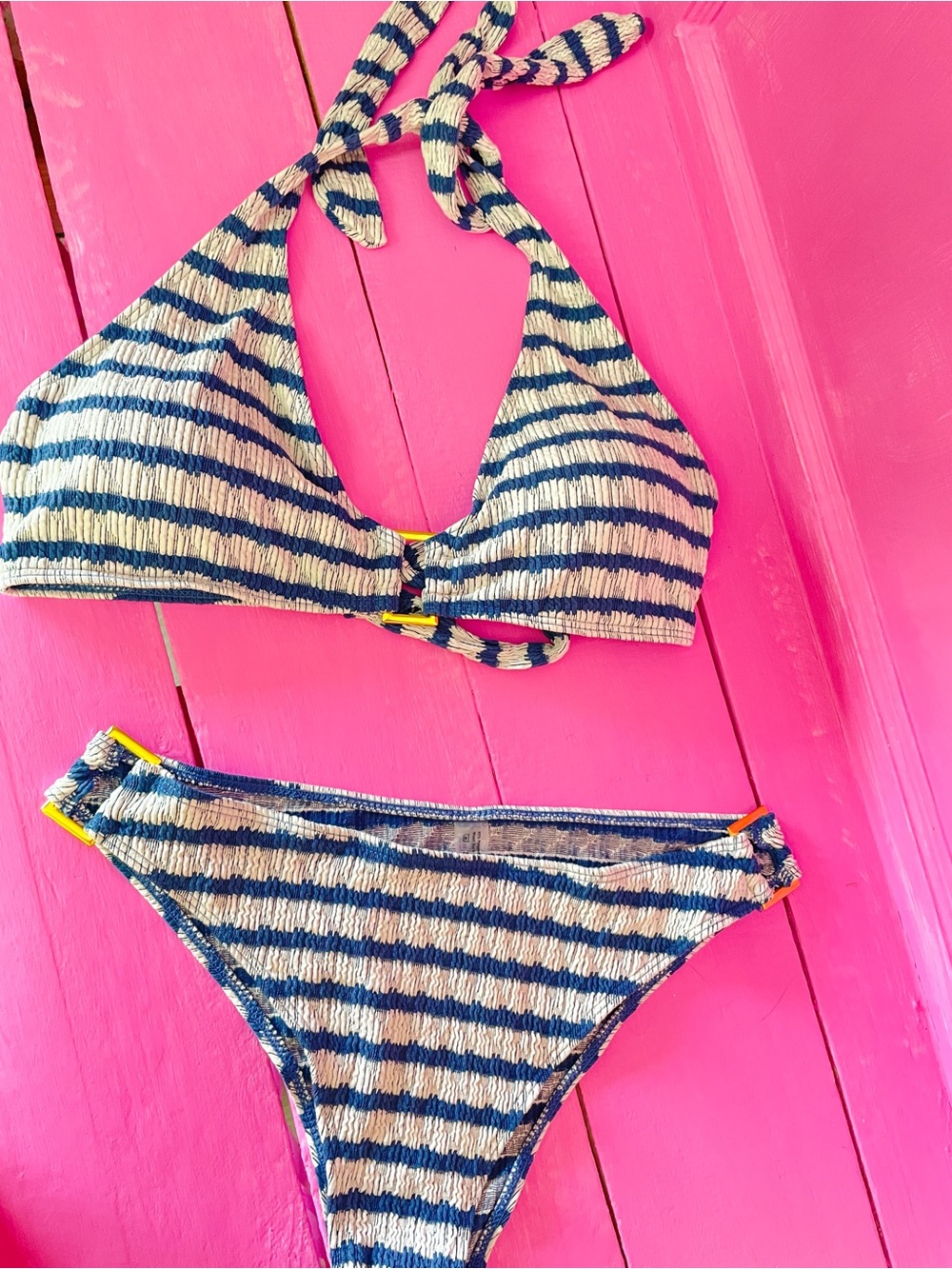SHEIN Navy and White Striped Textured Halter Bikini - Picture 4 of 4